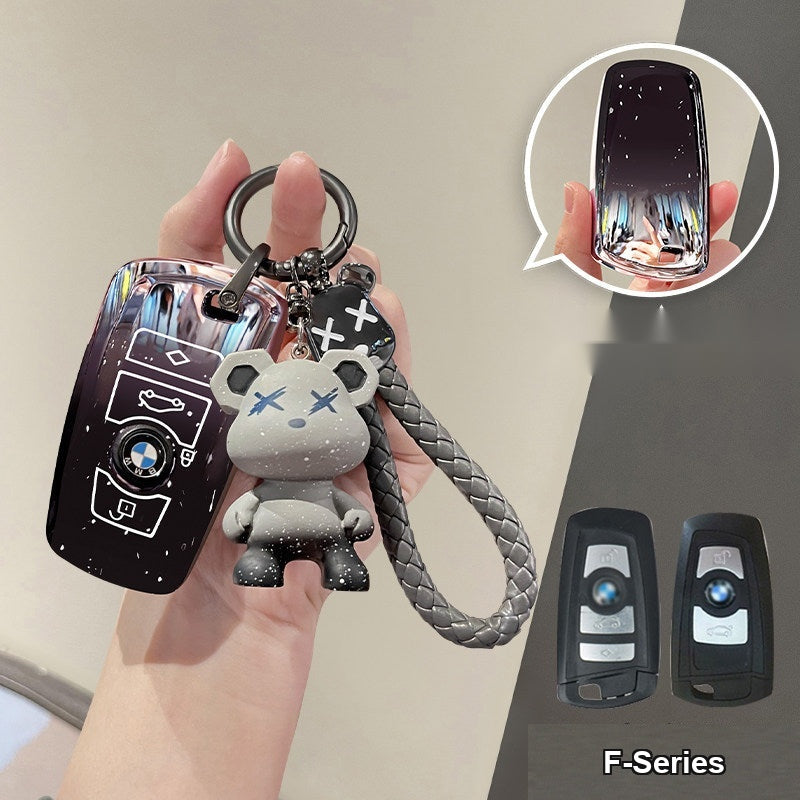 BMW key sleeve Starry Sky Black with gradient bear and bear braided rope keychain
