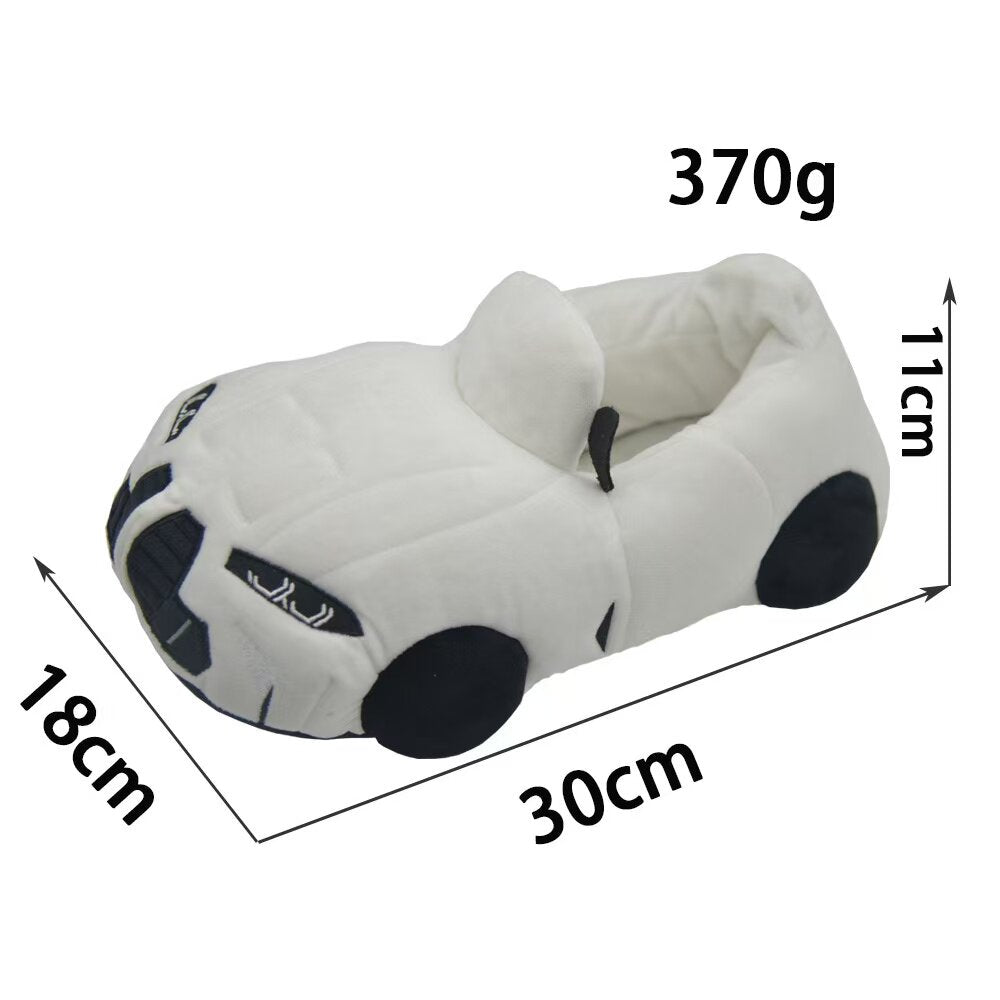 White BMW-style sports car plush slippers with logo detail