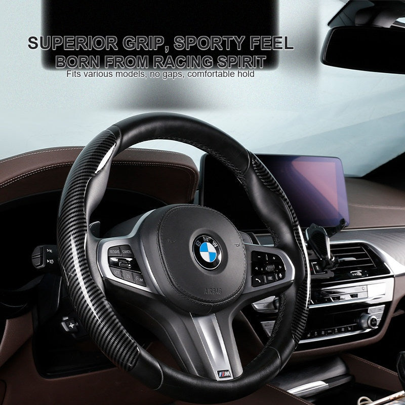 Carbon fiber steering wheel grip cover on BMW interior, sporty feel