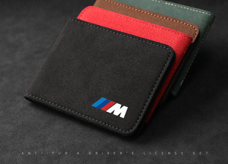 BMW M Performance suede leather driver's license holder in black, red, brown and green