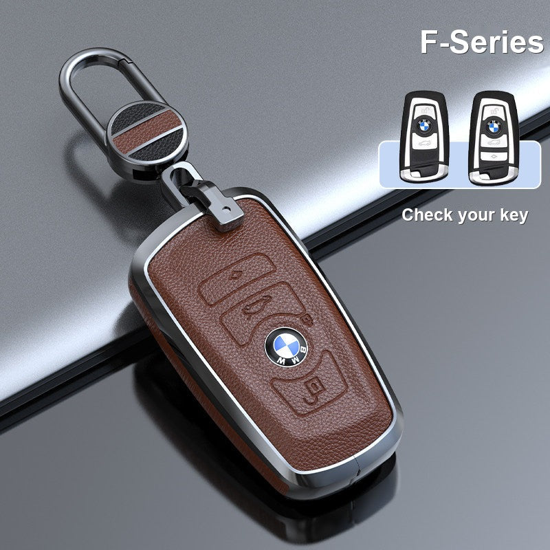 BMW genuine leather key fob case cover in Mocha Brown for F-Series smart key with keychain - fits 3/5 Series, X1 X3 X5 X7, i5, 2 Series