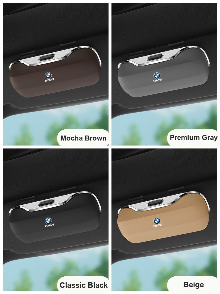 BMW sun visor glasses case color options - Mocha Brown, Premium Gray, Classic Black, Beige