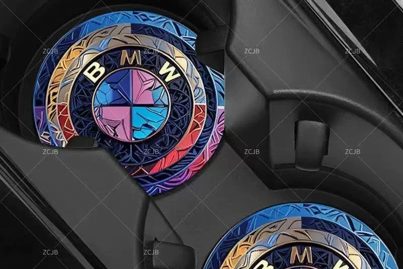 BMW car coasters pair installed in vehicle console