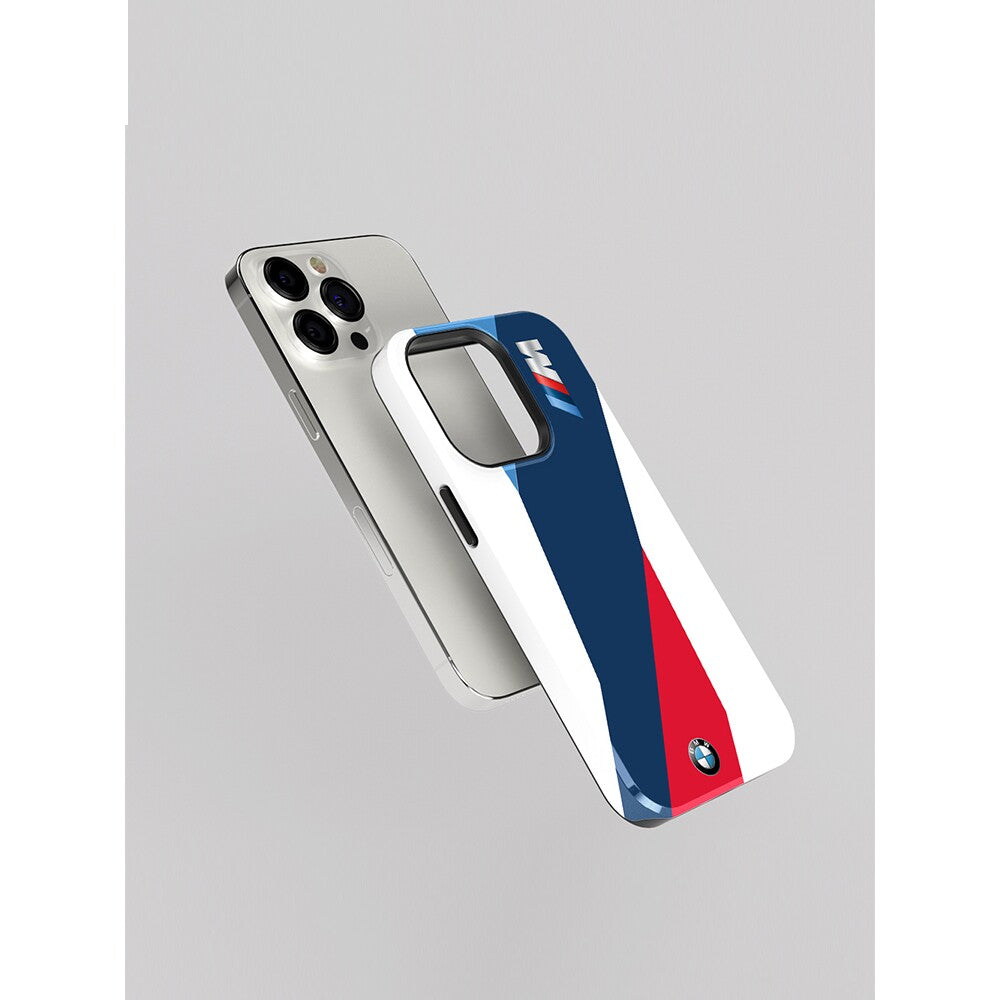 BMW M tricolor iPhone case installed on iPhone at an angle