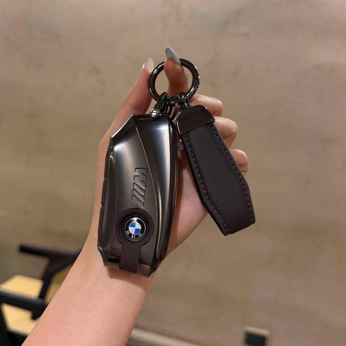 BMW Smart Key Fob Case - Style D, Silver Shell / Brown Interior, + Genuine Leather Keychain