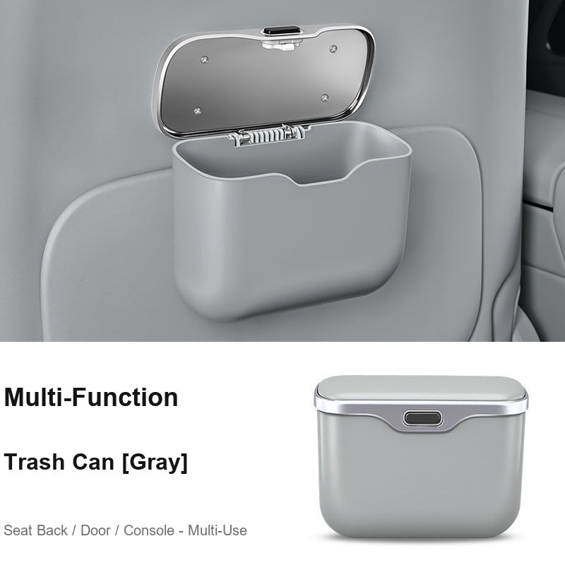 Multi-function BMW car trash bin gray, mounted on seat back in car interior