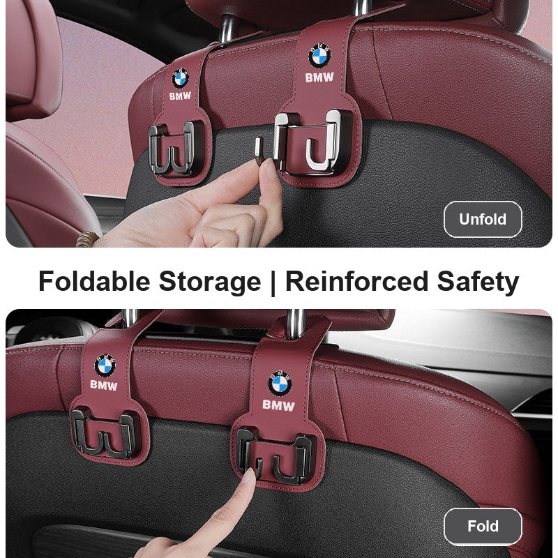 BMW seat hook unfolded and folded positions for storage