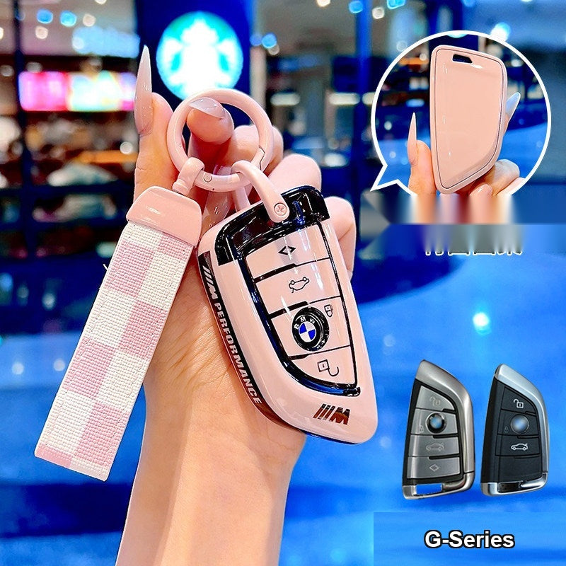 BMW smart key fob pink TPU case with pink plaid cord keychain