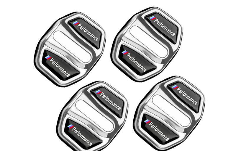 BMW M Performance door lock covers in silver, classic shape, set of four