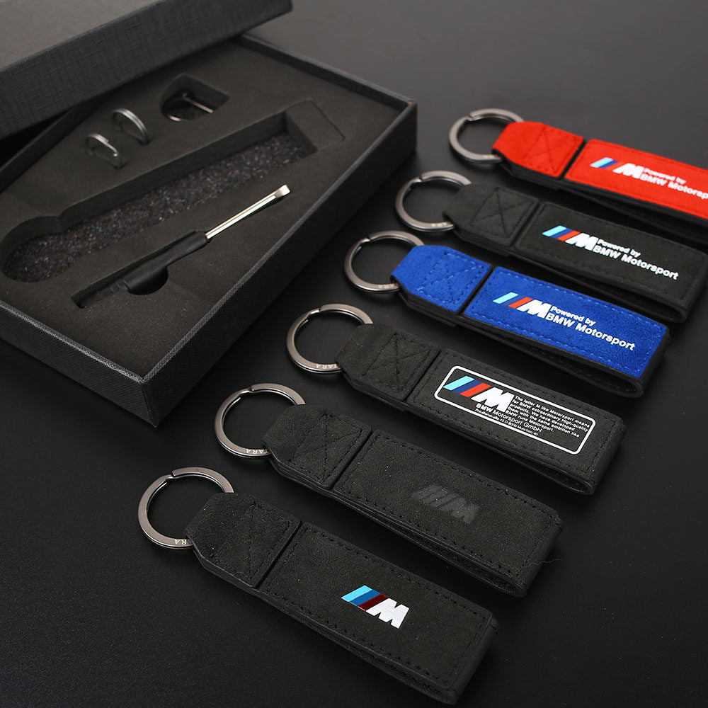 BMW M Alcantara suede keychains in black red and blue with gift box set