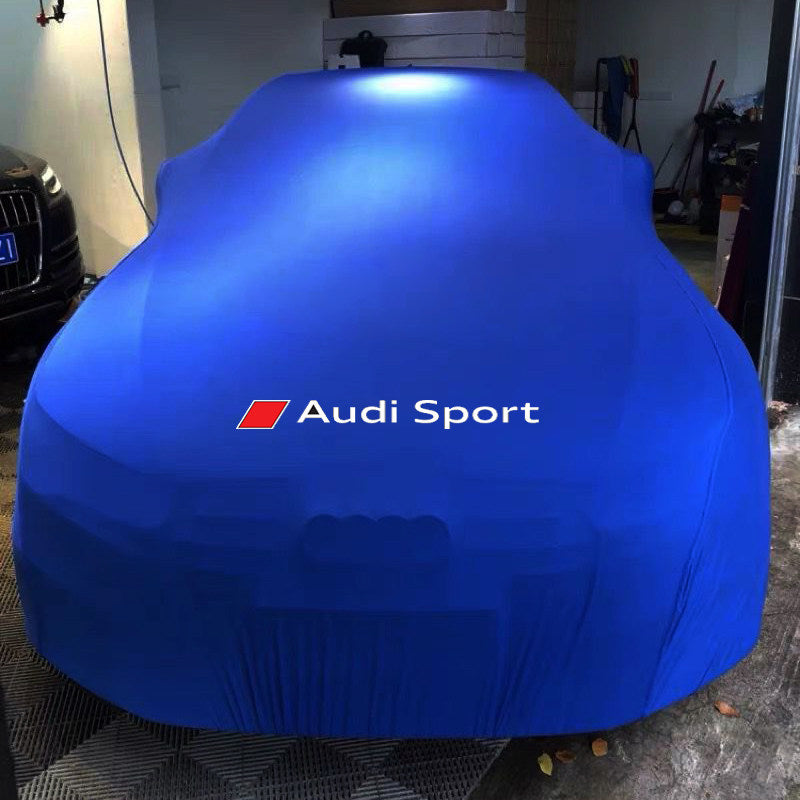 Audi Sport stretch car cover in blue with red and white logo