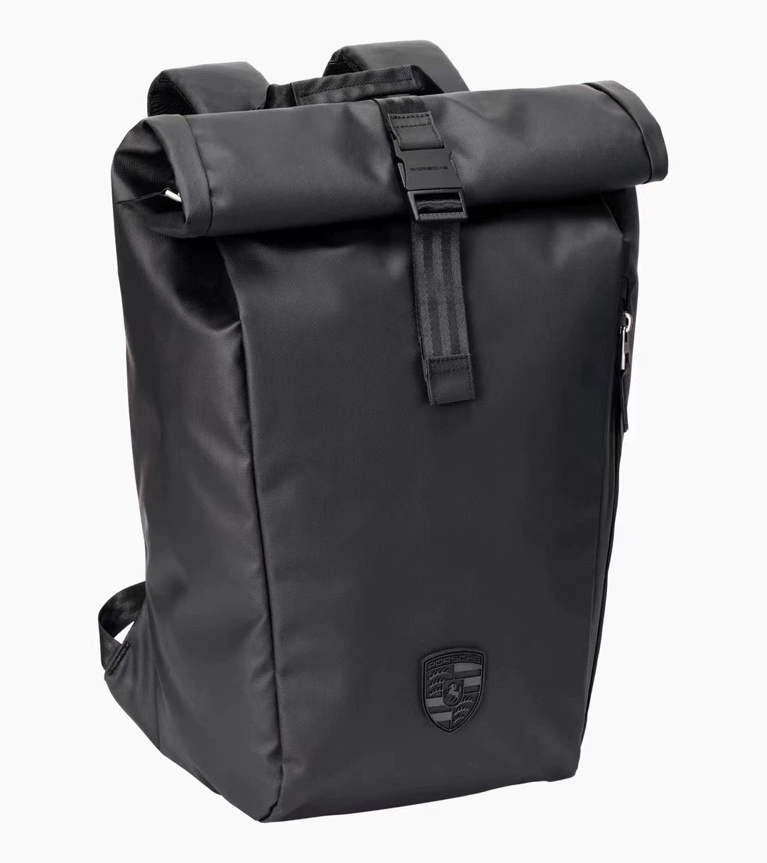 Porsche 911 roll-top backpack in matte black with crest patch, front view