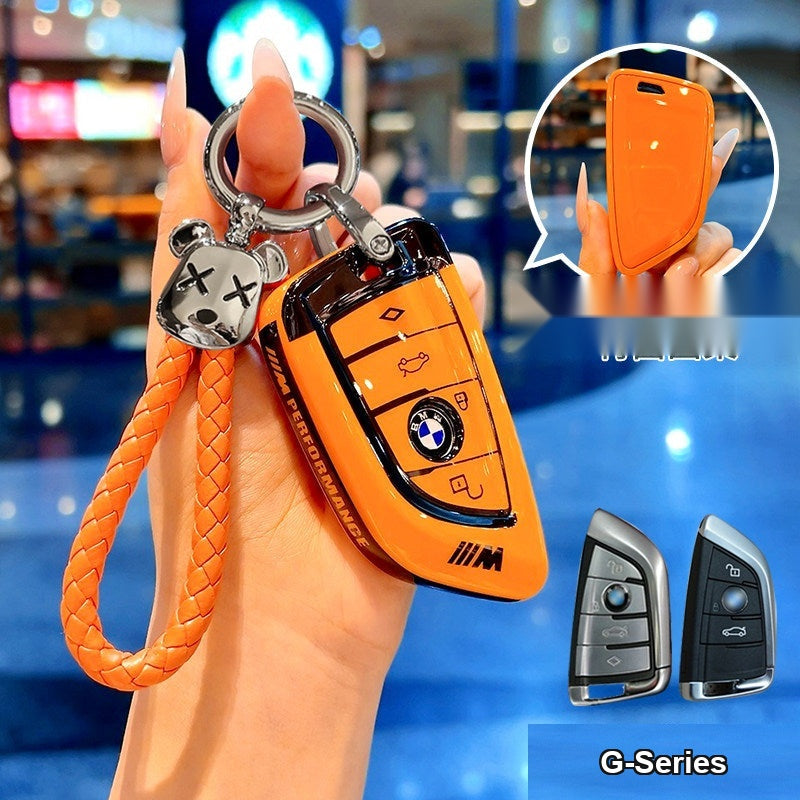 BMW smart key fob orange TPU case with bear woven rope keychain