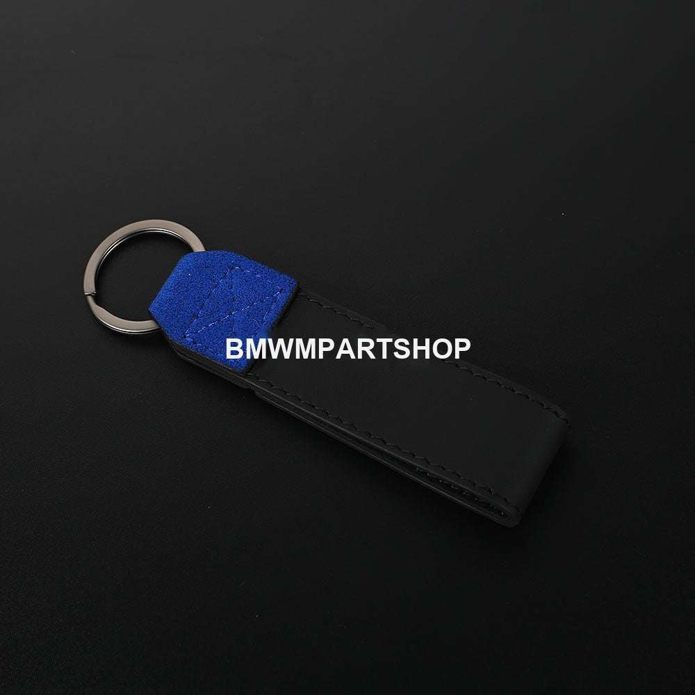 Blue and black Alcantara suede BMW M keychain with metal key ring