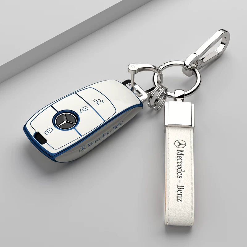 Mercedes-Benz Riviera Two-Tone Key Case – Ivory White – Blue Trim with Mercedes-Benz Script Strap