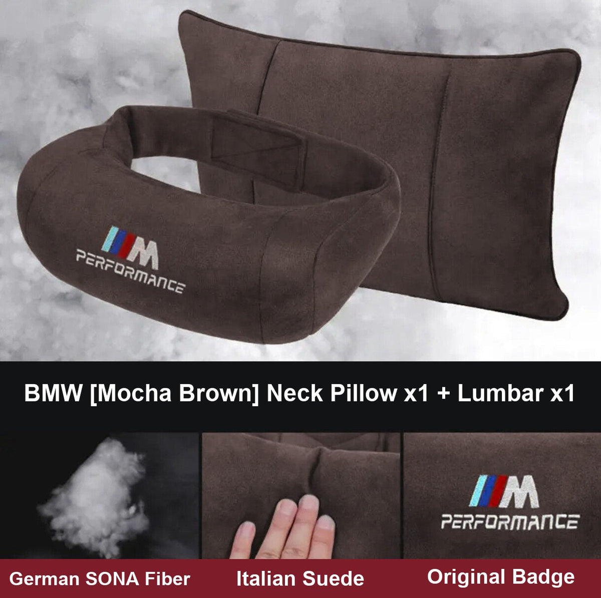 BMW M Performance neck pillow and lumbar support set, mocha brown, 1 plus 1