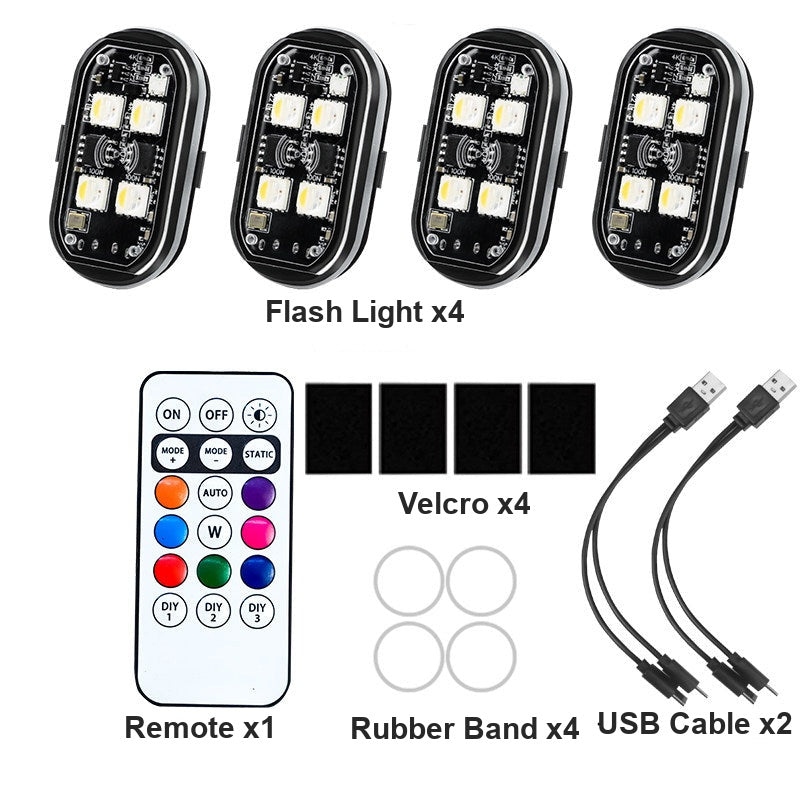 4-piece wireless RGB LED strobe light kit with remote control and mounting accessories