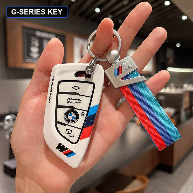 BMW M key fob shell case white with black leather M-stripe keychain