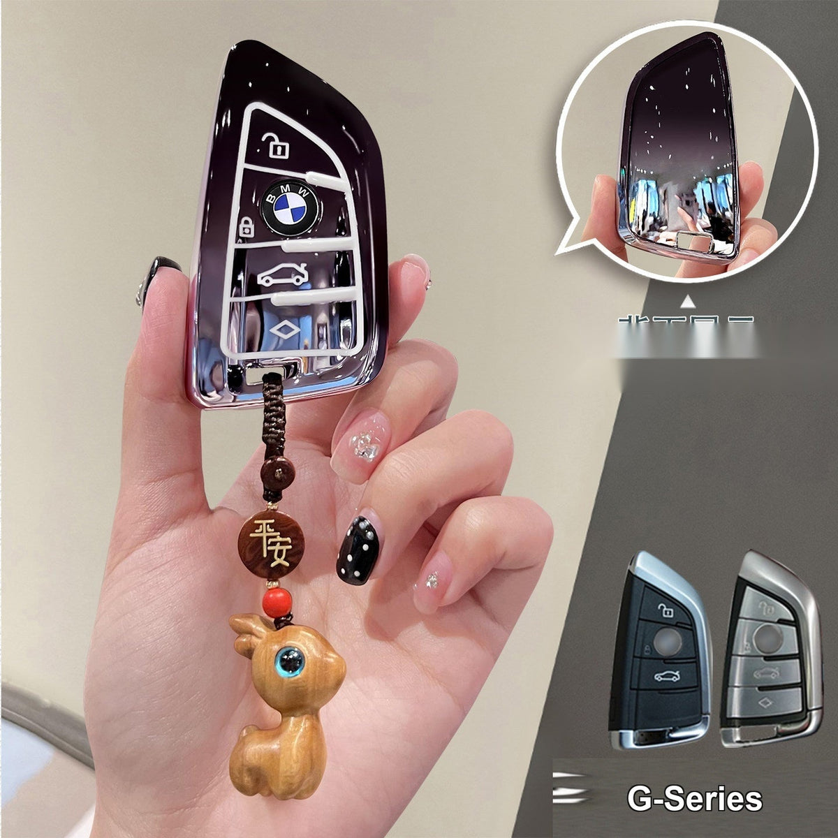 BMW key sleeve Starry Sky Black with green sandalwood deer charm keychain, Style B shell