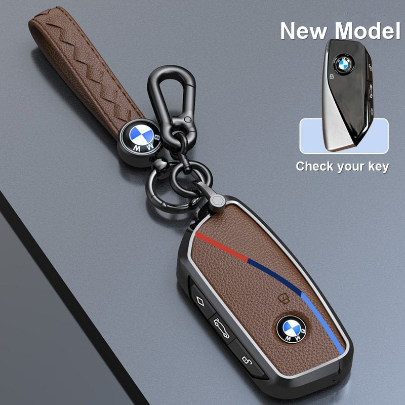 BMW genuine leather key fob case cover in Mocha Brown for New Model smart key with keychain - fits 3/5 Series, X1 X3 X5 X7, i5, 2 Series