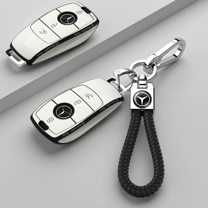 Mercedes-Benz Riviera Two-Tone Key Case – Ivory White – Black Trim, Slim Script with Black Braided Strap