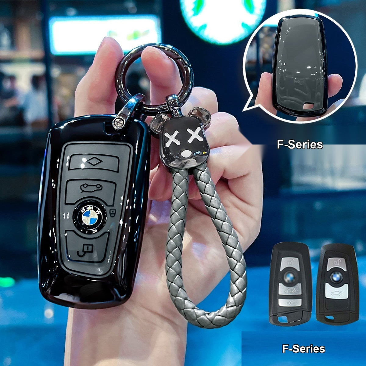 BMW key sleeve Style A F-Series, glossy black/gray with bear woven rope keychain