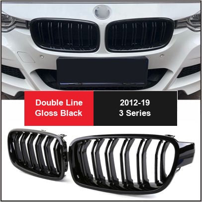 BMW Kidney Grille - Gloss Black Front Grille, F30 3 Series (2012-19) - Double Line Gloss Black