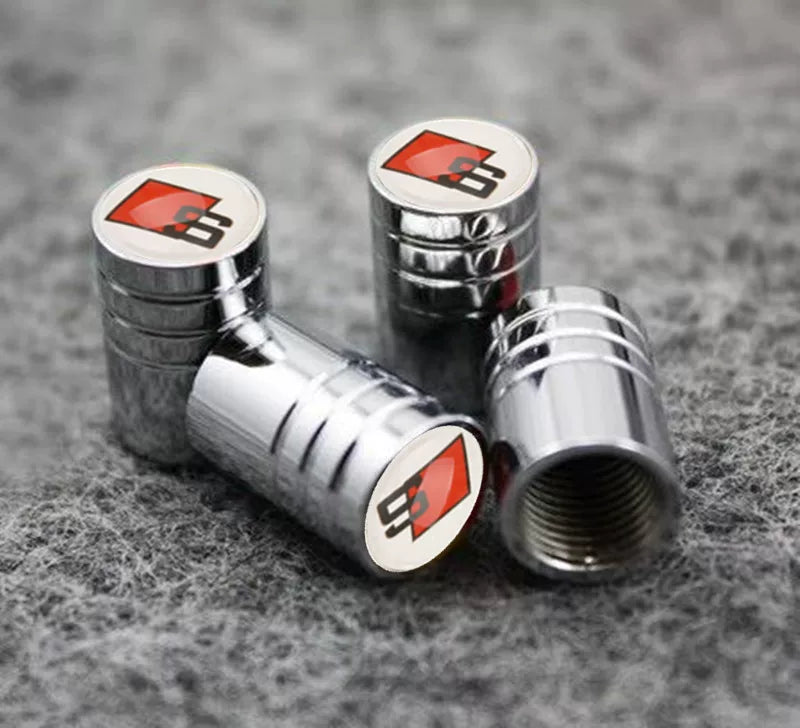 Audi Crystal Dome Emblem Valve Caps – Ribbed Chrome Luxury Set of 4