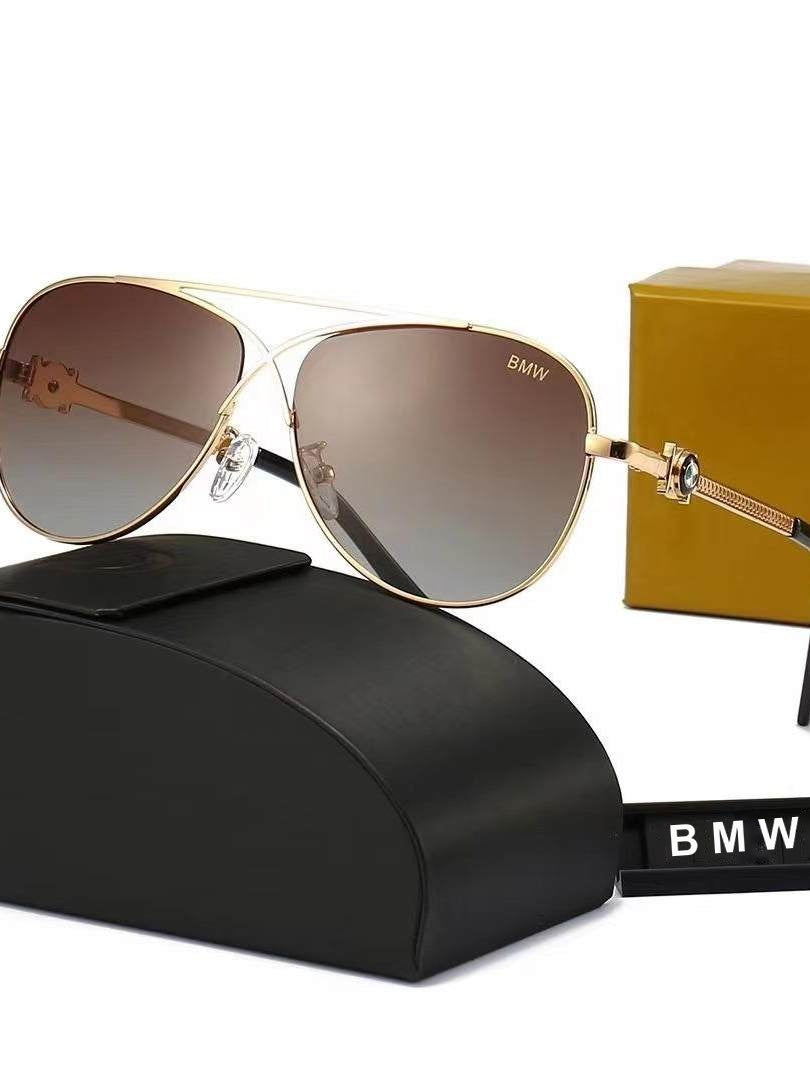 Gold frame BMW aviator sunglasses with tea brown gradient lens and case