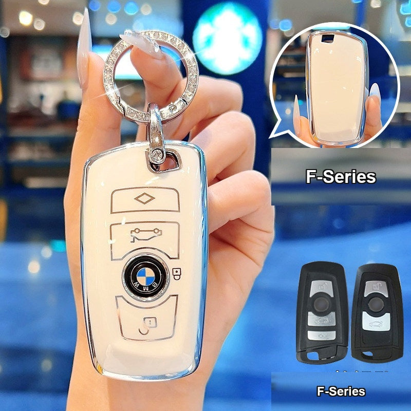 BMW key case Style A (F-Series) - Cream White/Silver Edge + Diamond-Set Round Ring