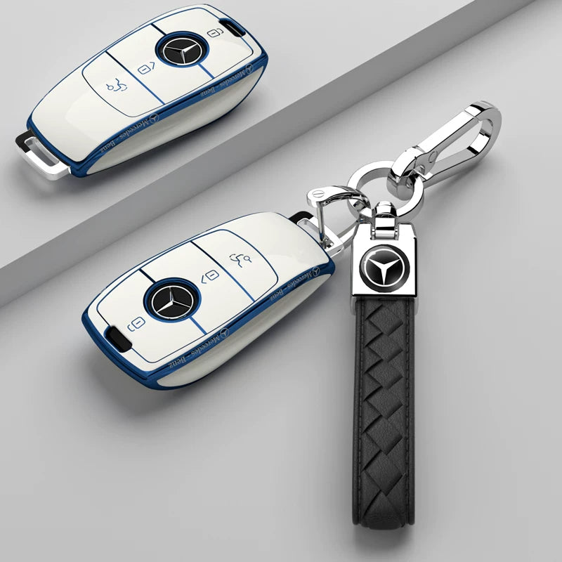 Mercedes-Benz Riviera Two-Tone Key Case – Ivory White – Blue Trim, Slim Script with Black Woven Strap