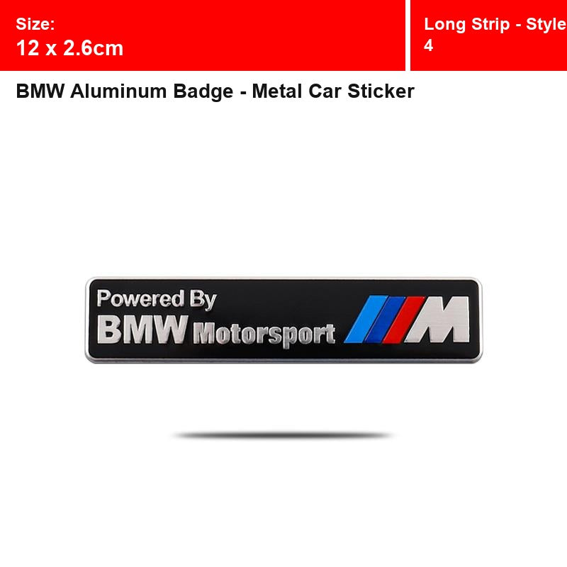 BMW aluminum badge, Long Strip - Style 4 design, size 12 x 2.6cm