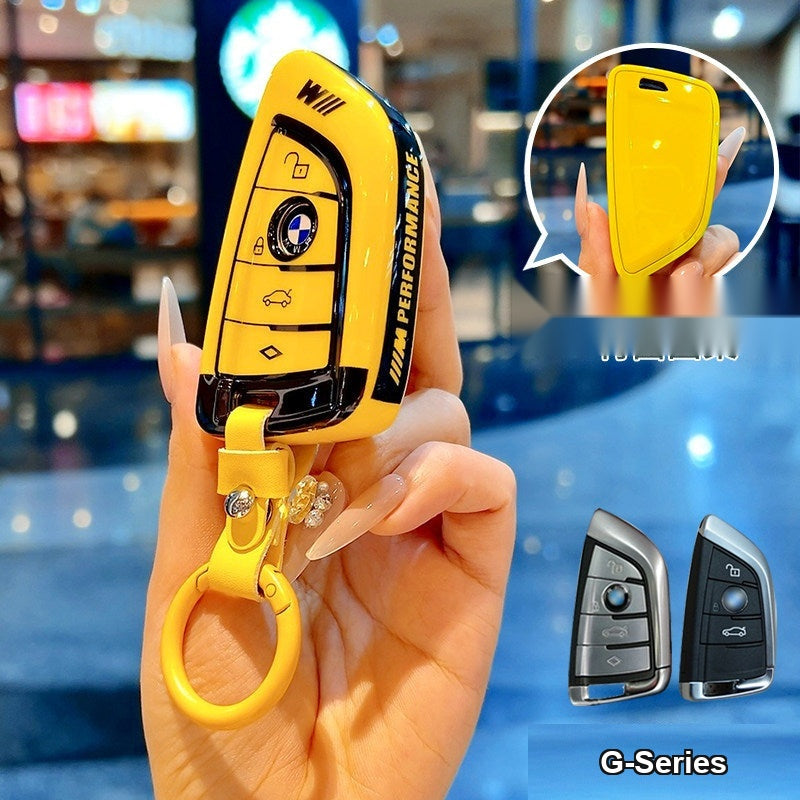 BMW smart key fob yellow TPU case with yellow leather buckle keychain