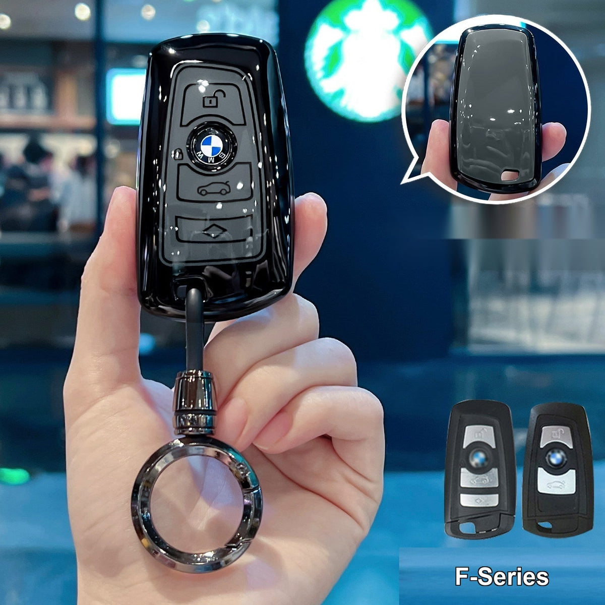 BMW smart key fob glossy black/gray TPU case Style A with bullet round buckle keychain
