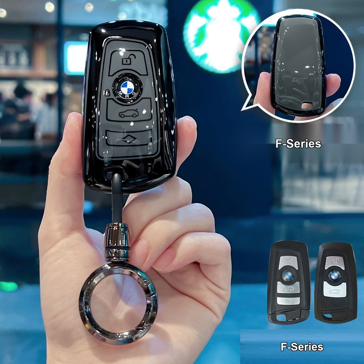 BMW key sleeve Style A F-Series, glossy black/gray with bullet round buckle keychain