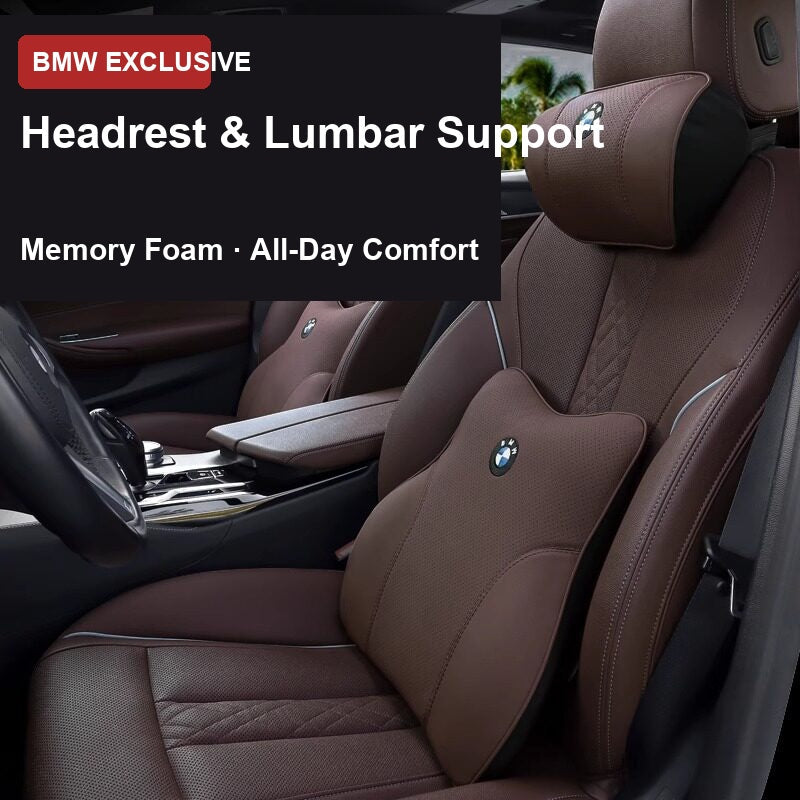 BMW Memory Foam Headrest and Lumbar Support Cushion Set Installed in Car Seat