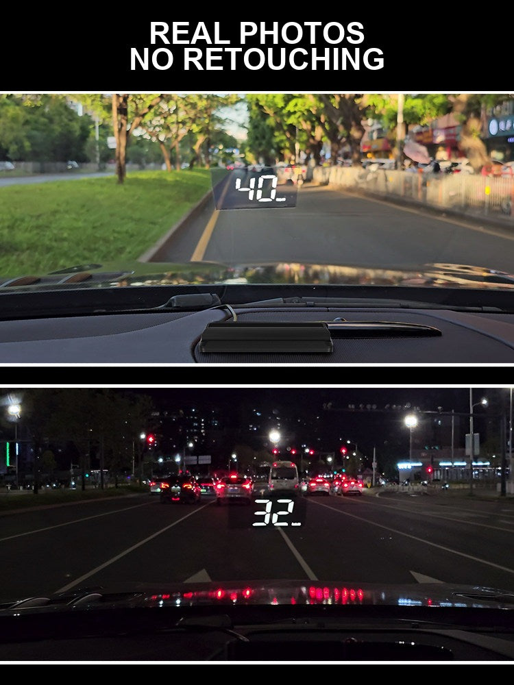 Real unedited photos of GPS HUD display mounted on car dashboard, day and night