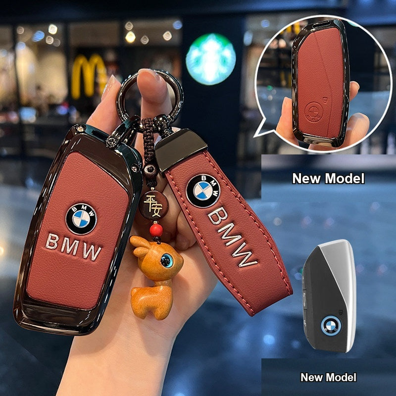 BMW key case New Model - Volcanic Red Leather (Metal Badge) + Leather Cord & Safety Charm