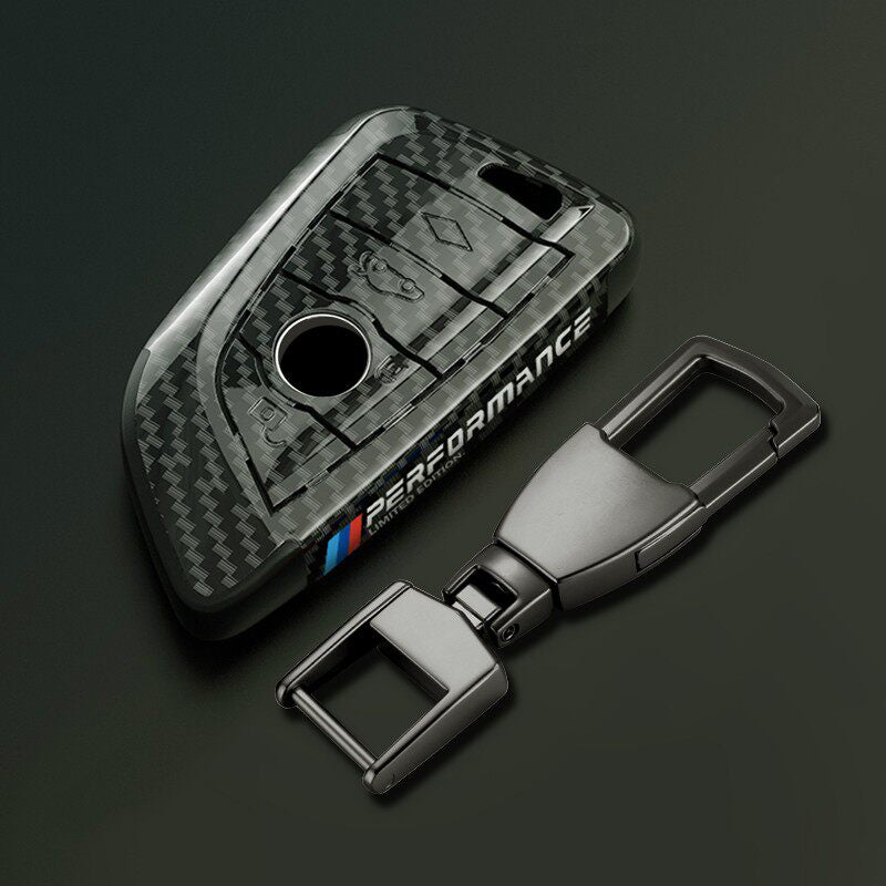 BMW Blade key fob case in black carbon fiber with buckle keychain