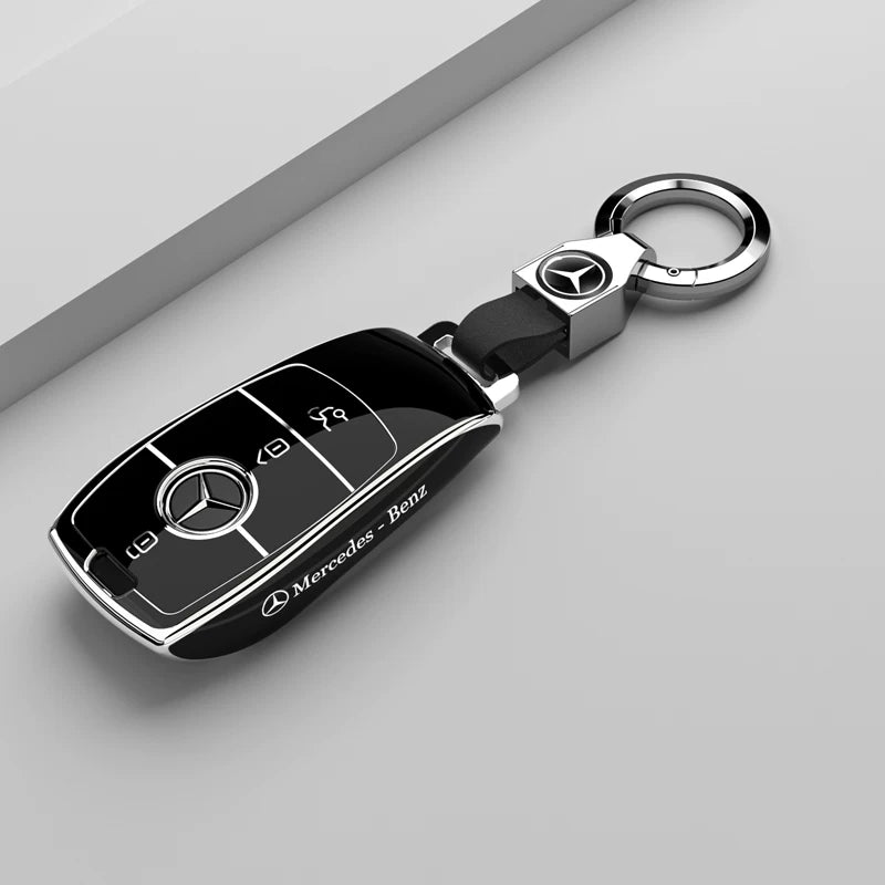 Mercedes-Benz Riviera Two-Tone Key Case – Classic Black – Silver Trim with Star Ring Keychain