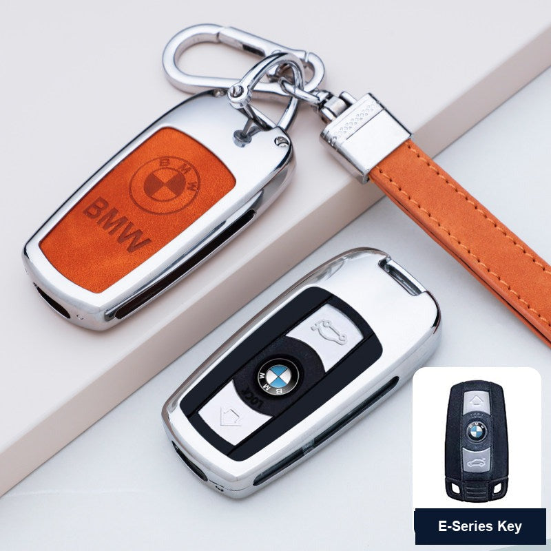 BMW E-Series key case - silver leather lanyard