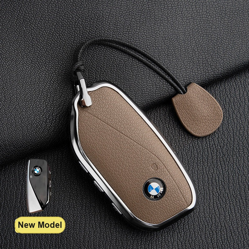 BMW New Model key fob case in Elephant Gray ALRAN French goat leather with Simple Rope Strap - fits X1 X3 X5 X7, 5/7 Series, 740Li, i7