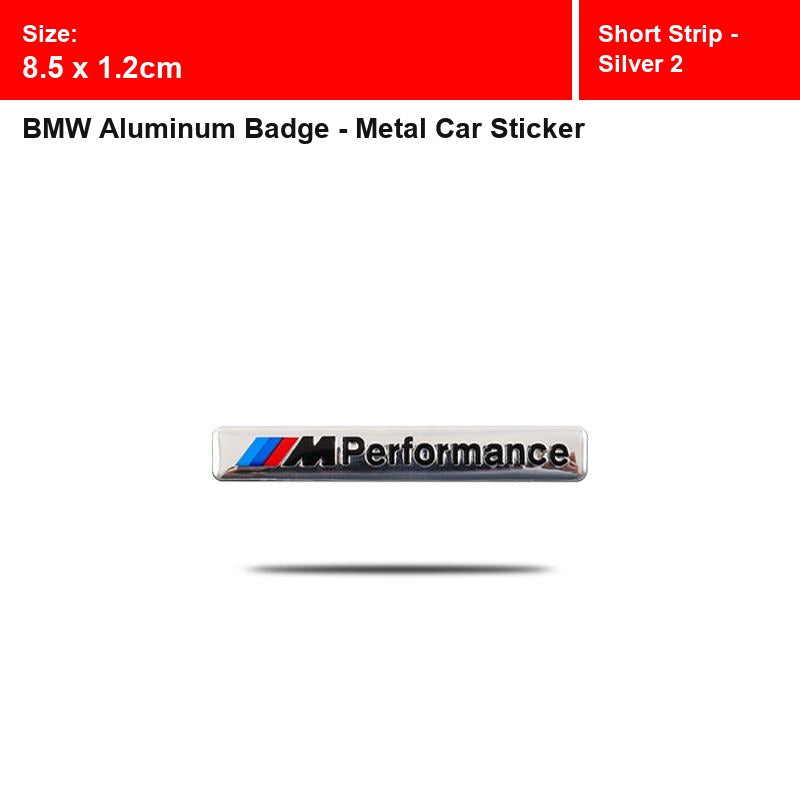 BMW aluminum badge, Short Strip - Silver 2 design, size 8.5 x 1.2cm