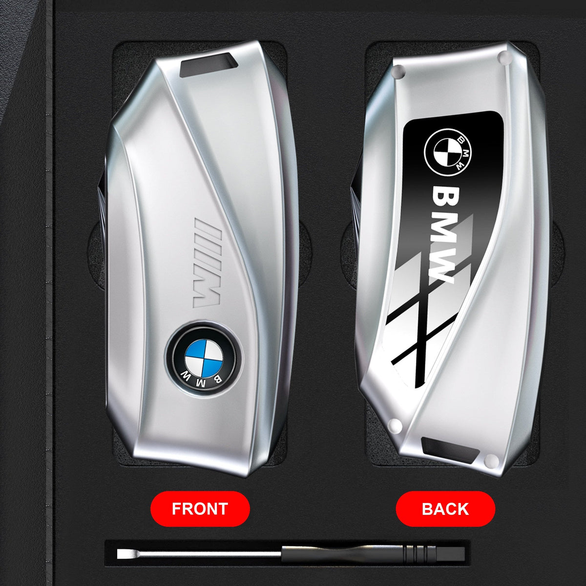 BMW alloy key case silver shell only front and back view with cleaning cloth and screwdriver
