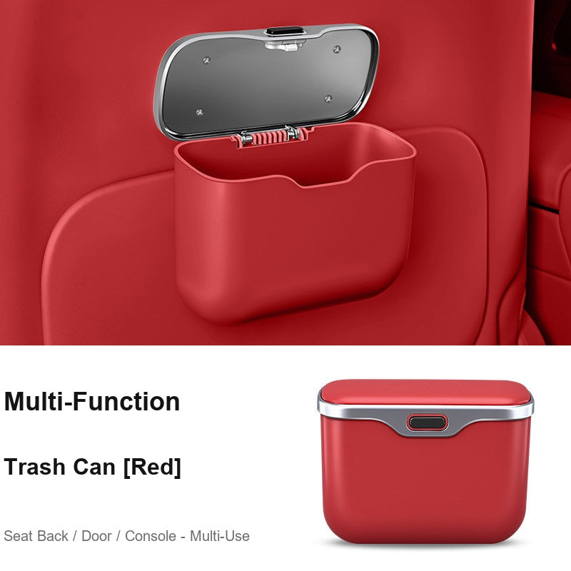 Multi-function BMW car trash bin red, mounted on seat back in car interior