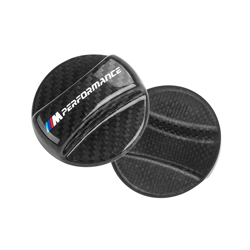 BMW M Performance carbon fiber fuel cap cover - front and back view