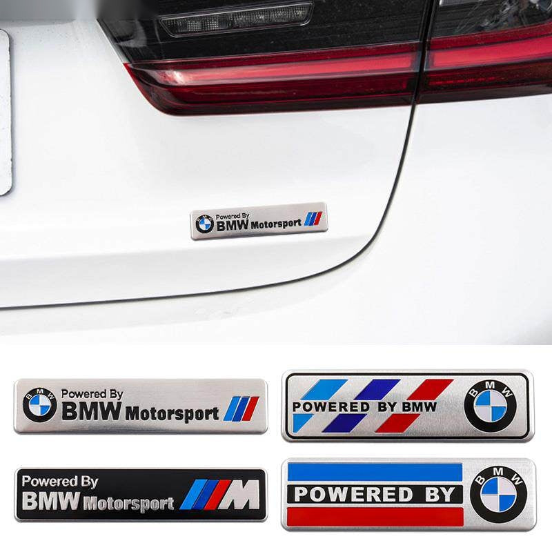 BMW Powered By Motorsport aluminum badge installed on car trunk