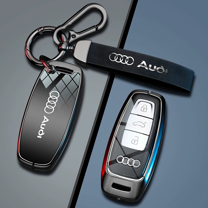 Ink Black Audi Type D key case with suede wrist strap