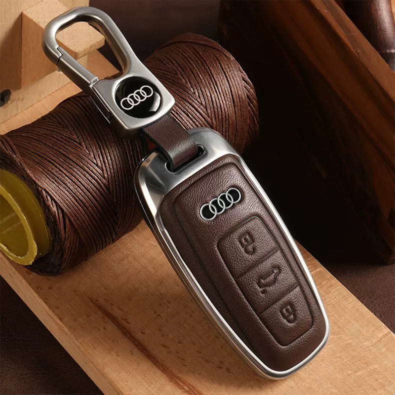 Audi Executive Cowhide Key Case – Polished Metal Bezel with Double-Sided Leather