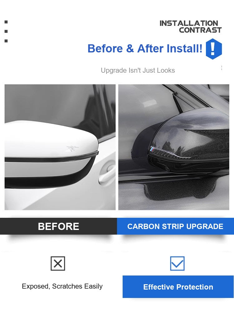 Before and after comparison of BMW mirror with carbon fiber anti-collision strip
